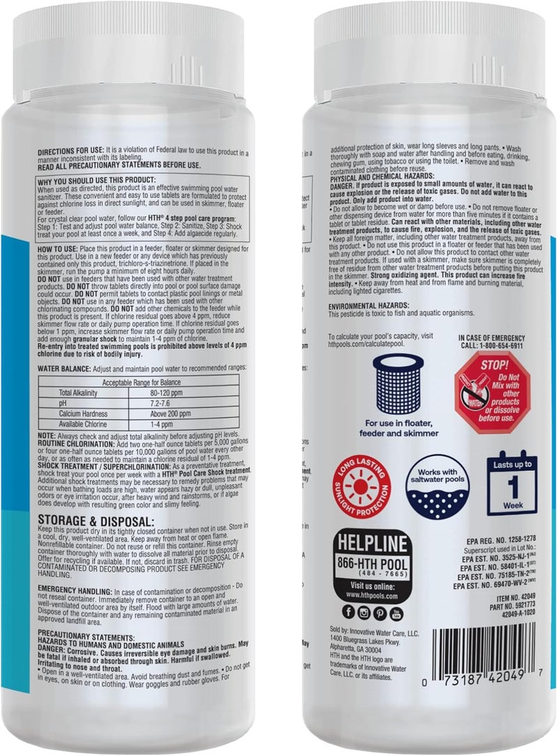 HTH 42049 Pool Care 1" Chlorine Tabs, Swimming Pool Sanitizer with Added Clarifier - Eliminates Bacteria & Algae, Makes Water Clean & Crystal Clear, Sanitizes & Protects - Slow Dissolving, 1.5 lbs - Image 1